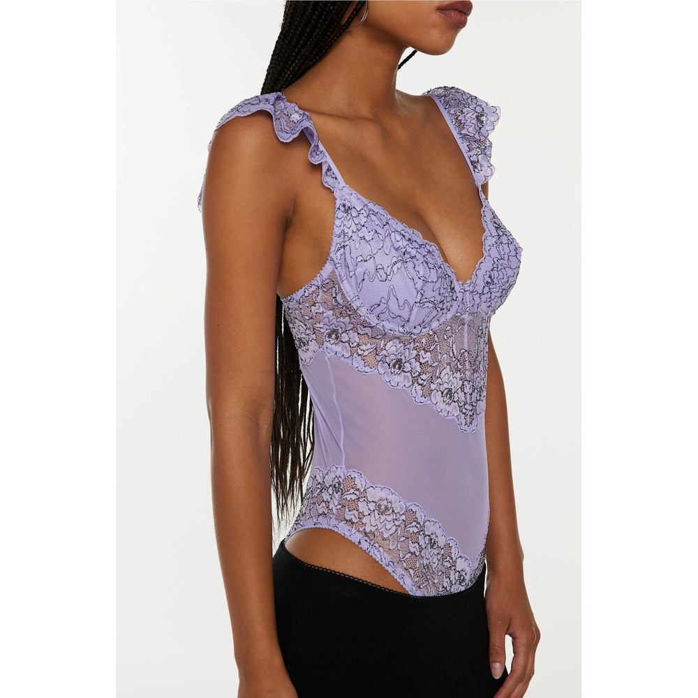 MUCCI Lavender Floral Lace Mesh Teddy Bodysuit Thong Lingerie Women's XS